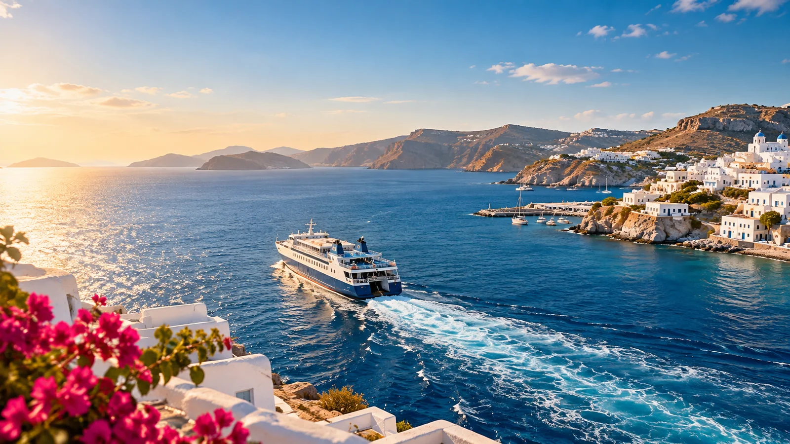 Greek Island Hopping From Athens Passenger ferry crossing a sunny stretch of the Aegean Sea near whitewashed coastal villages