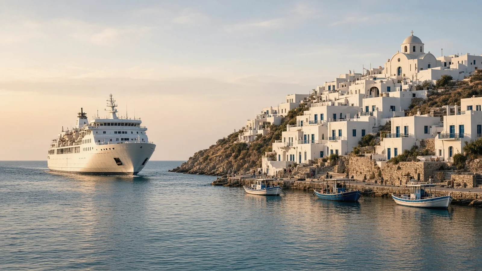 Best Greek Islands for First-Time Visitors A large white ferry arriving at a whitewashed harbour town at golden hour, with white houses climbing the hillside, a domed church at the top and small fishing boats on calm blue water