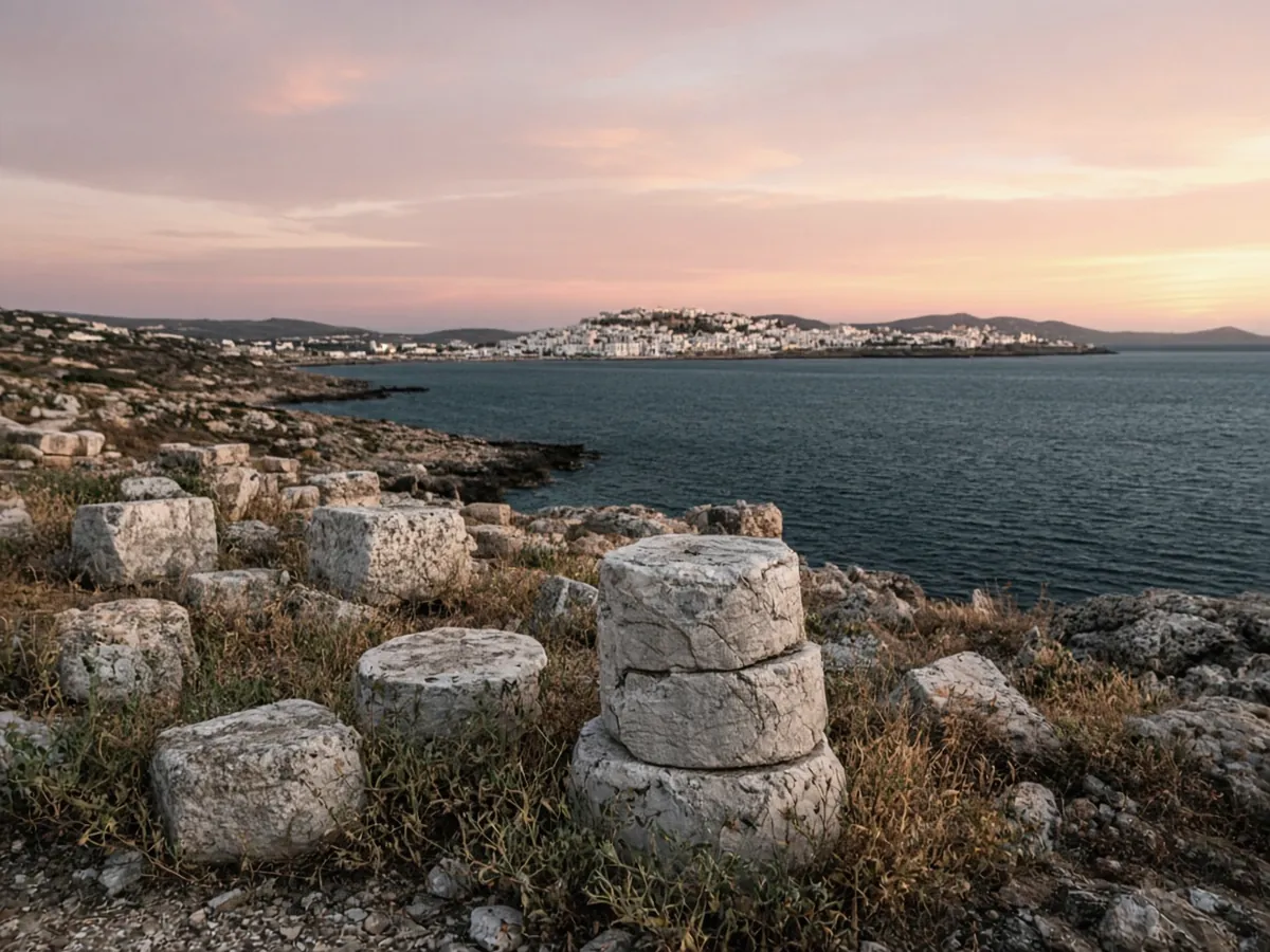 Best Greek Islands for First-Time Visitors Weathered marble column drums and blocks on a rocky headland at sunset, with a calm dark sea and a small whitewashed town across the bay under a pink-gold sky