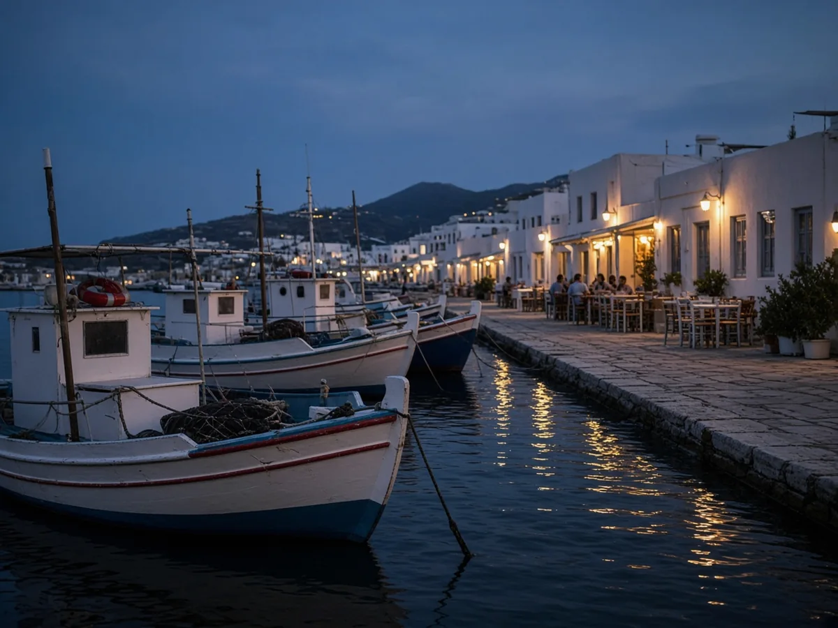 Best Greek Islands for First-Time Visitors A small fishing harbour at blue hour, with wooden fishing boats moored along a stone quay and whitewashed waterfront tavernas lit by warm lamps