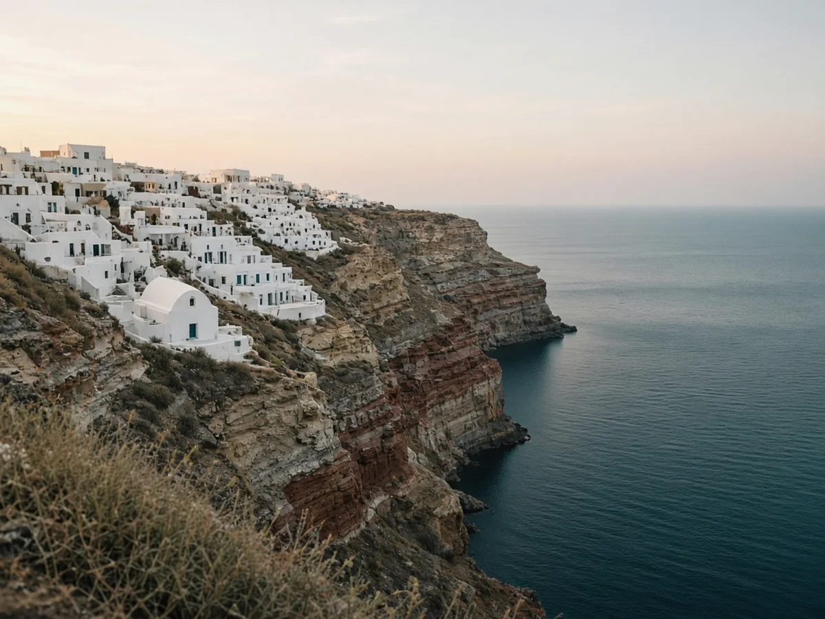 Best Greek Islands for First-Time Visitors A clifftop whitewashed village above high layered rust-and-cream cliffs that drop straight into a calm dark sea under a pale early-morning sky