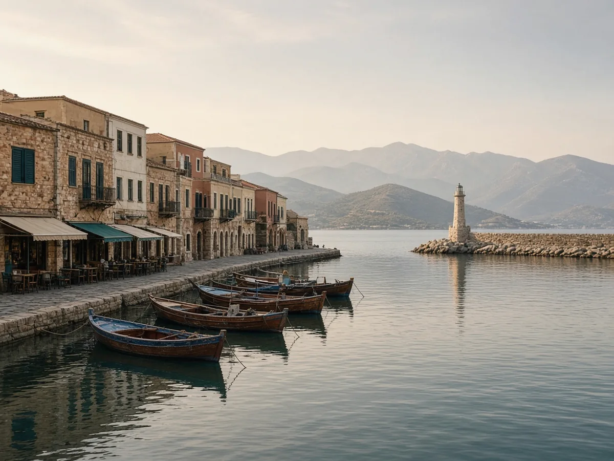 Best Greek Islands for First-Time Visitors An old harbour with ochre and cream stone townhouses, café awnings and wooden boats along a curved quay, a stone breakwater ending in a slender lighthouse, and hazy mountains in the distance