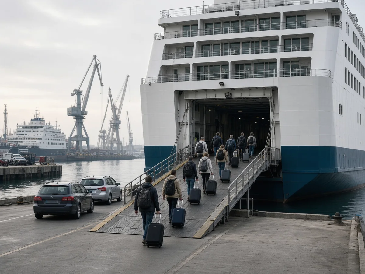 Best Greek Islands for First-Time Visitors Passengers with backpacks and wheeled suitcases walking up the stern ramp of a large white ferry with a dark teal hull at a busy port, with cars waiting and cranes in the background