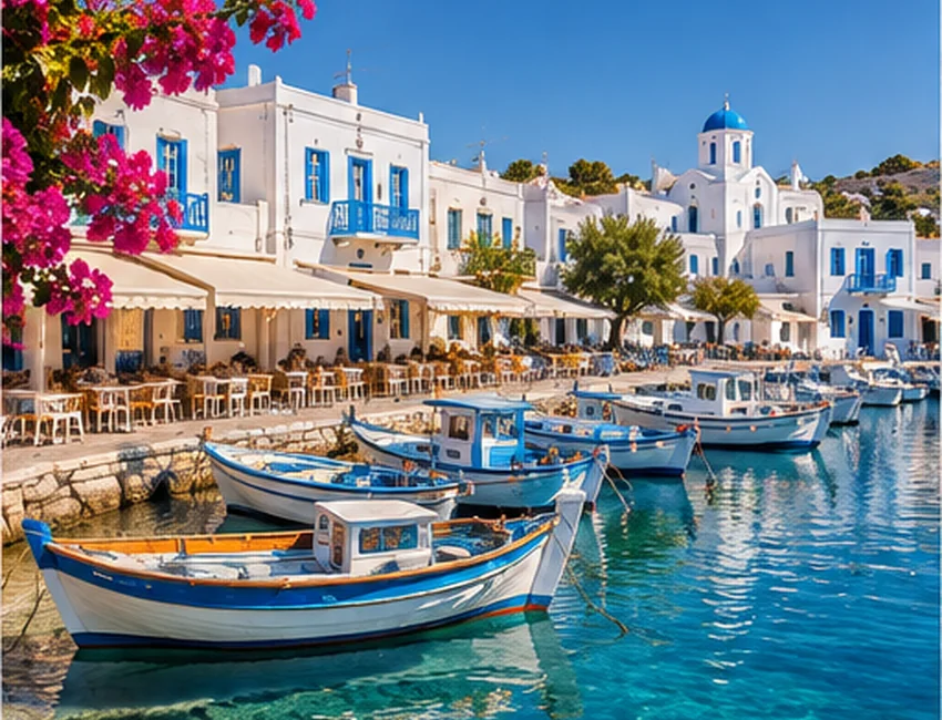 Greek Island Hopping From Athens A sunlit Cycladic-style harbour with traditional boats and whitewashed buildings