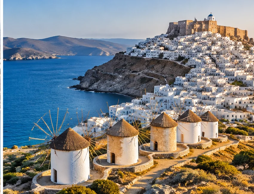Greek Island Hopping From Athens Windmills and hillside buildings along a scenic Greek island coast
