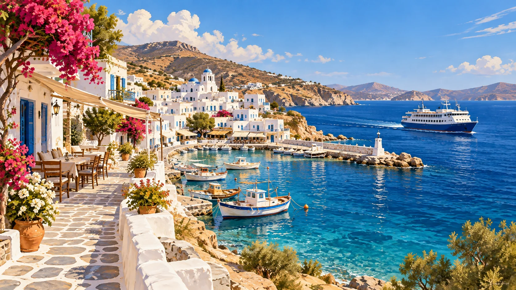 Illustrated Greek island harbour with whitewashed houses and a ferry offshore