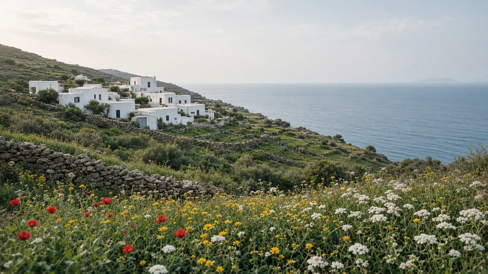 A green spring hillside with red poppies, yellow and white wildflowers and dry-stone walls in front of a small cluster of whitewashed houses, with a calm blue sea beyond