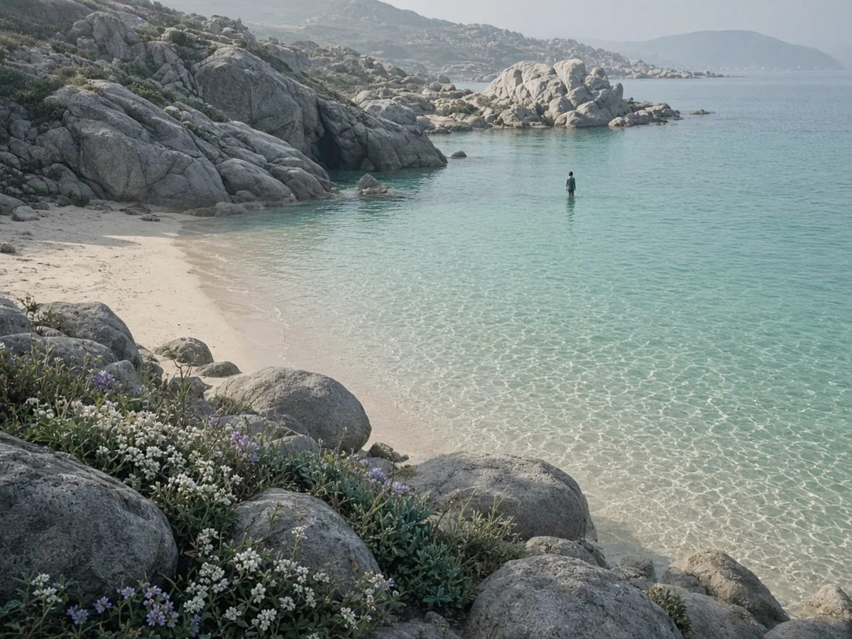 A small sandy cove with very clear, pale turquoise shallow water between smooth grey rocks, with white and purple wildflowers on the shore and one person wading in the distance