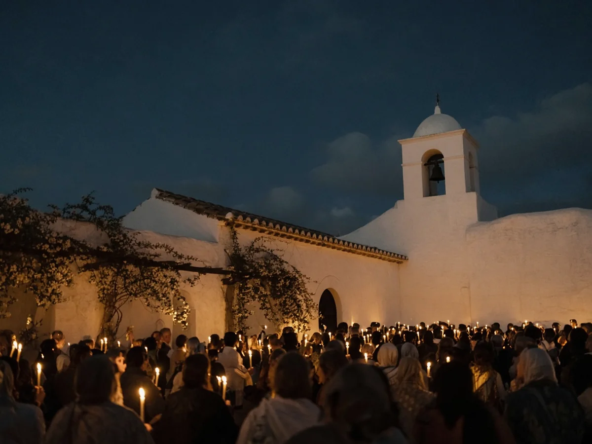 A crowd holding lit candles in a whitewashed church courtyard at night, with warm light on the white walls and a bell tower against a deep blue sky