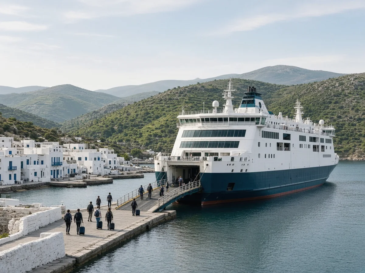 Passengers with backpacks and wheeled cases walking along a quay to the lowered ramp of a large white ferry with a dark blue hull, beside a whitewashed harbour town and green hills