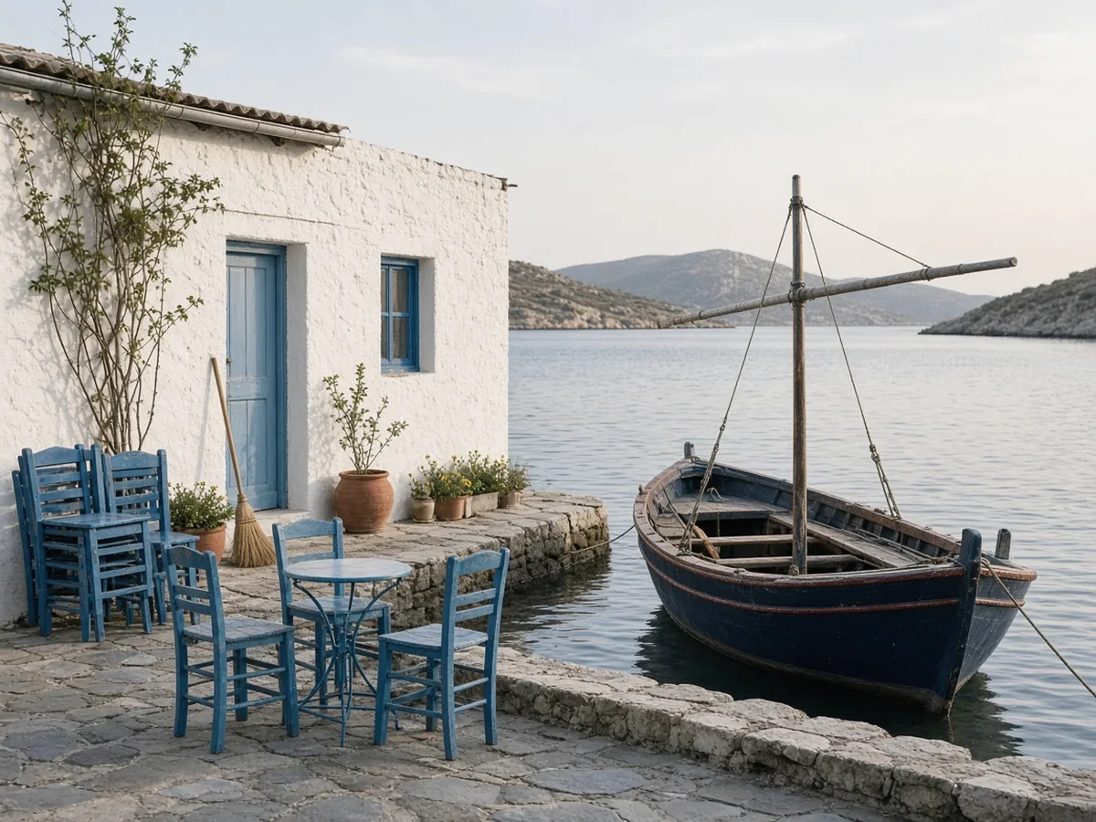 A small whitewashed taverna on a stone quay with blue wooden chairs, some stacked and some set at empty tables, beside a moored wooden fishing boat on calm water