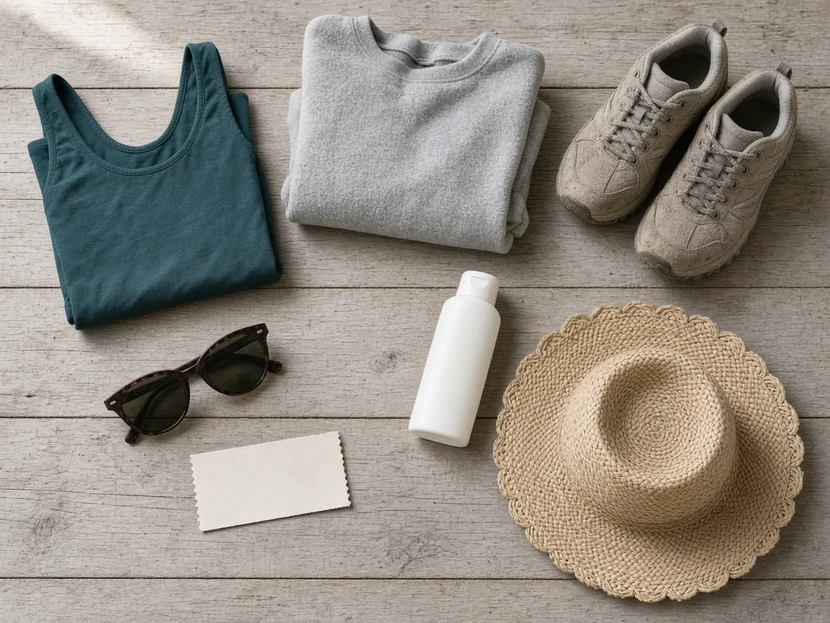 A packing flat-lay on pale wooden boards: a dark teal top, a grey fleece, walking shoes, sunglasses, a straw sun hat, a plain bottle of sunscreen and a blank ticket
