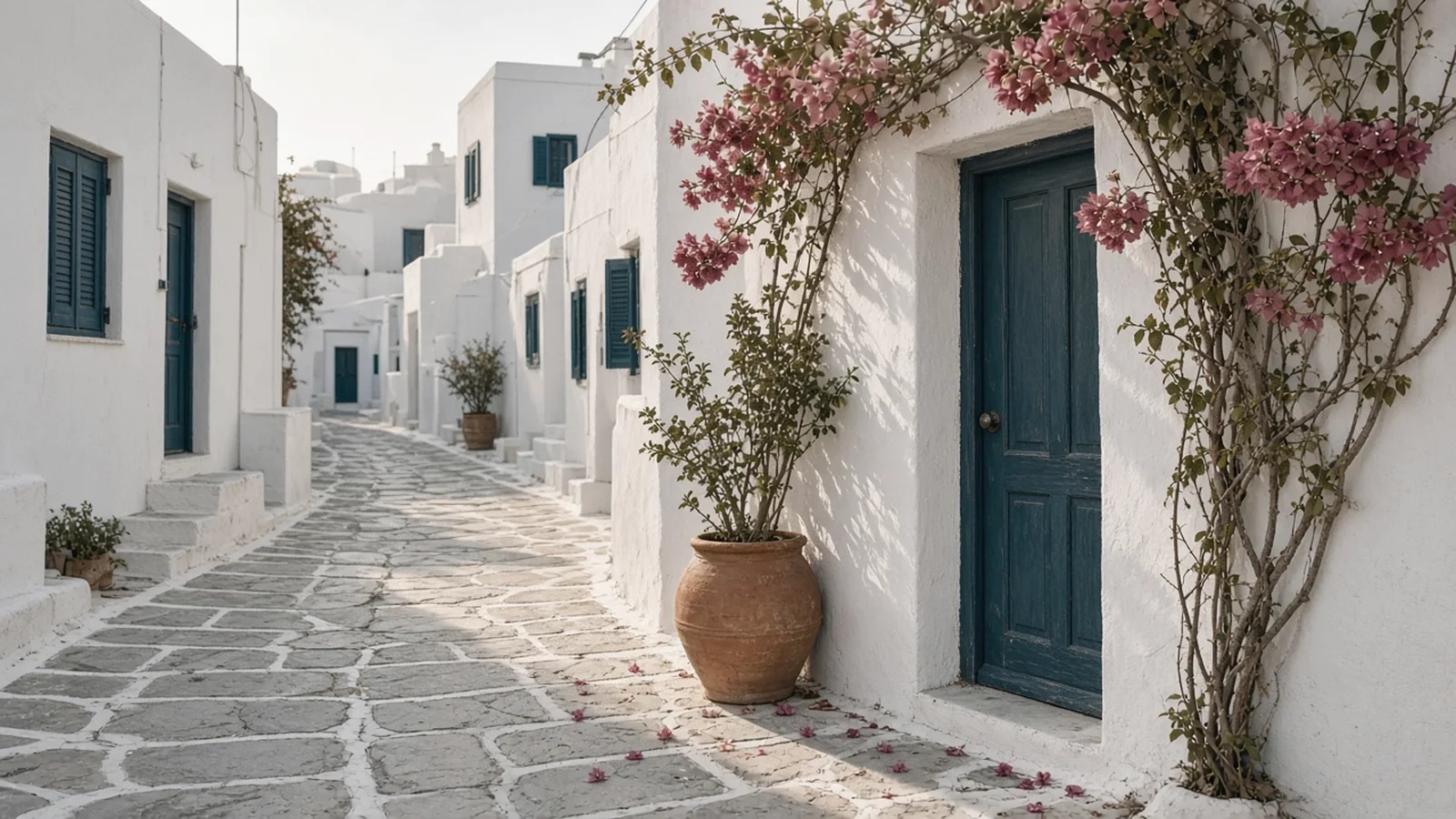 A quiet whitewashed village lane in soft autumn light, with dark teal doors and shutters, a terracotta pot and a fading pink bougainvillea dropping petals on the paving