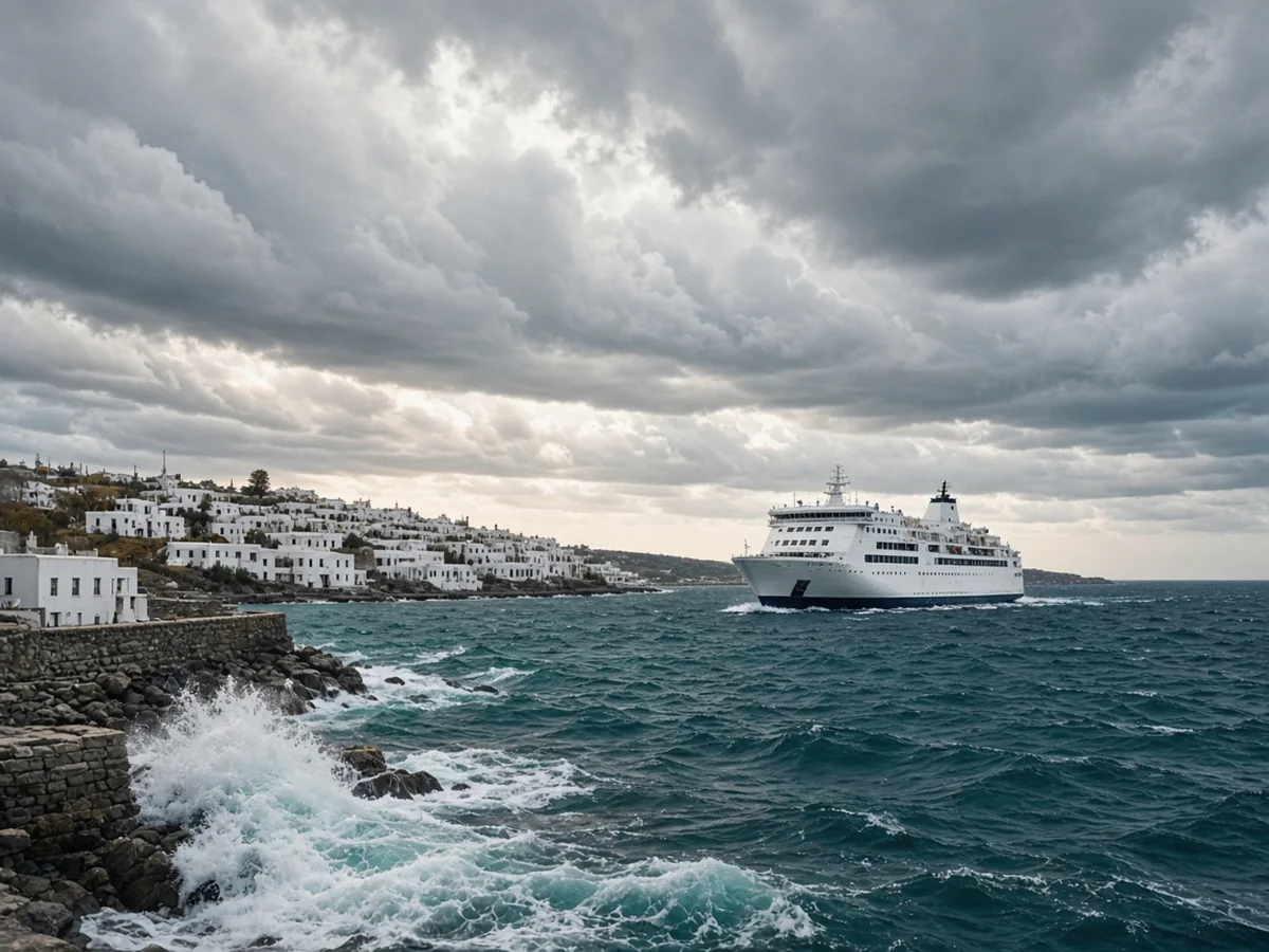 A large white ferry approaching a whitewashed harbour under heavy grey autumn clouds, with waves breaking in white spray against a stone breakwater