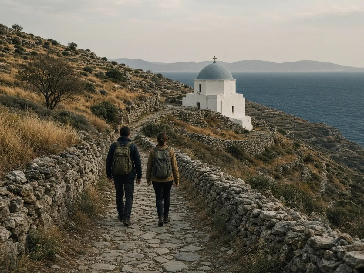 Two hikers seen from behind walking an old stone path between dry-stone walls and terraced hillsides towards a small white chapel with a grey-blue dome above a dark sea