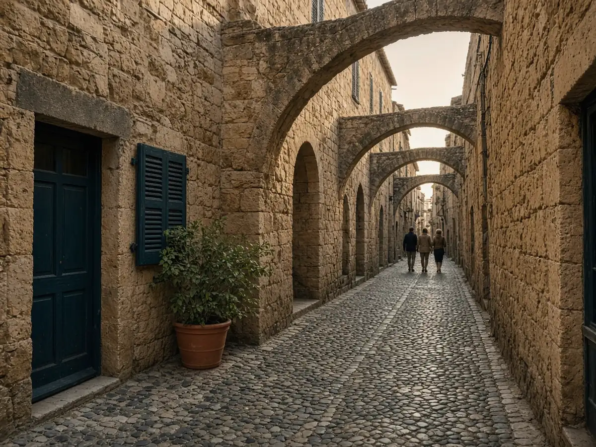 A narrow medieval stone street with a row of buttress arches overhead, pebble paving, a dark teal door and shutter, and three people walking away in warm afternoon light