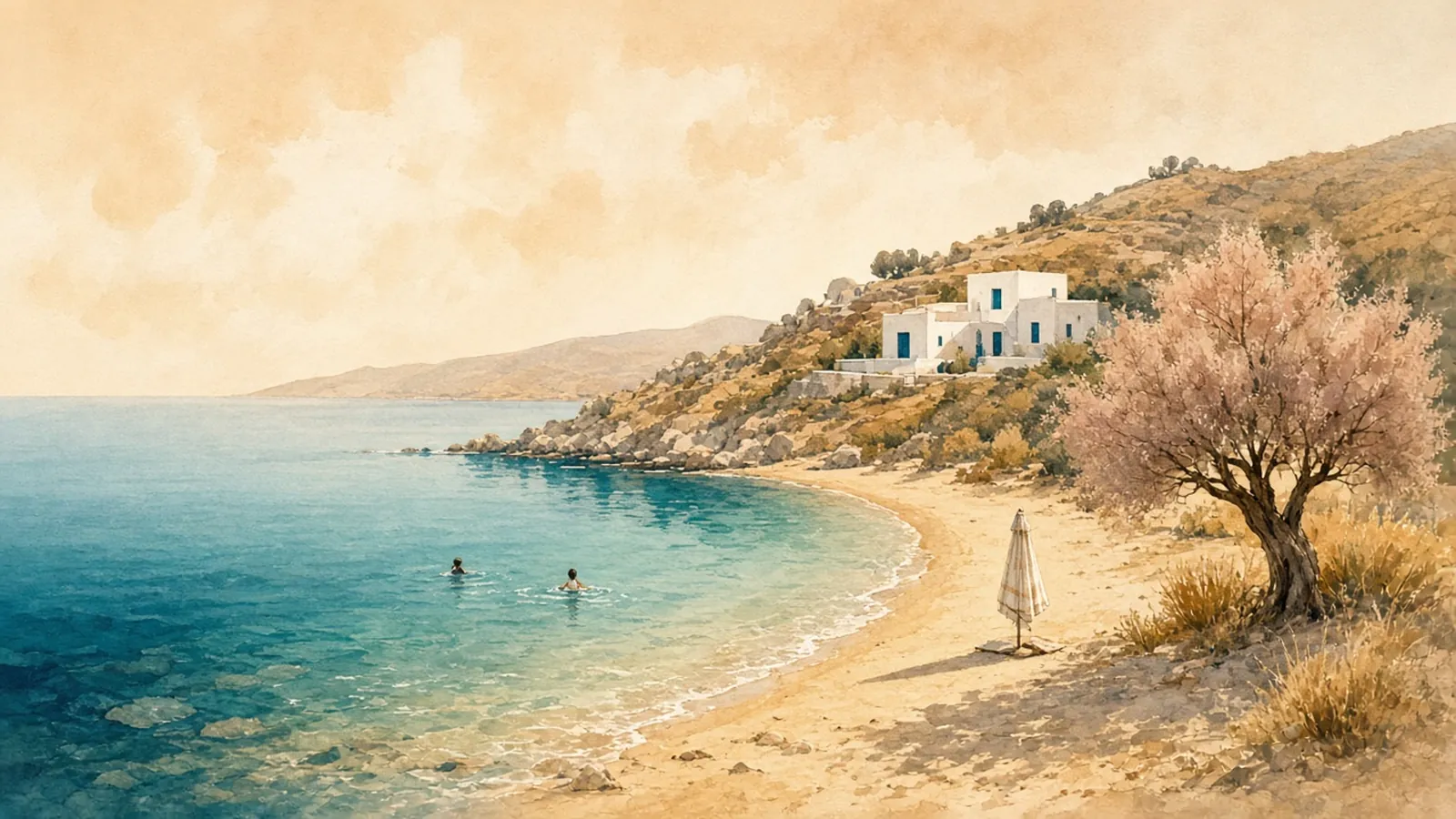 A quiet beach in late-afternoon September light, with two swimmers in clear turquoise water and a whitewashed house on the hillside above