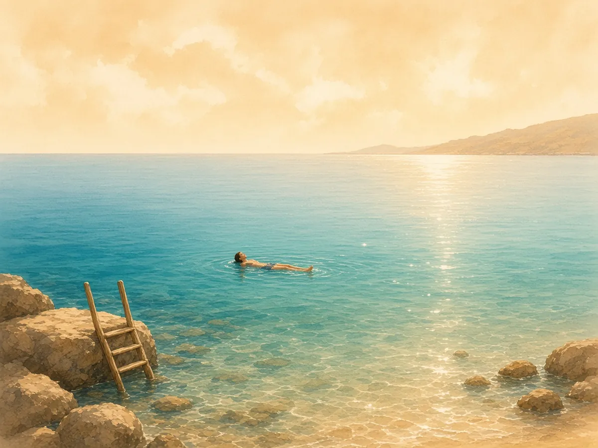 A swimmer floating in clear turquoise water off a rocky cove in warm September sun, with a wooden ladder on the rocks