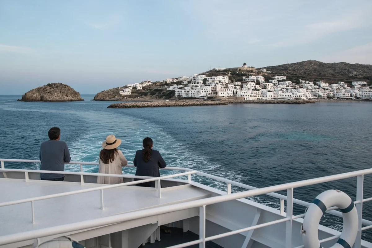 Passengers seen from behind at the railing of a ferry deck, watching a whitewashed island town on a low hill, a breakwater and a small rocky islet as the boat comes into port