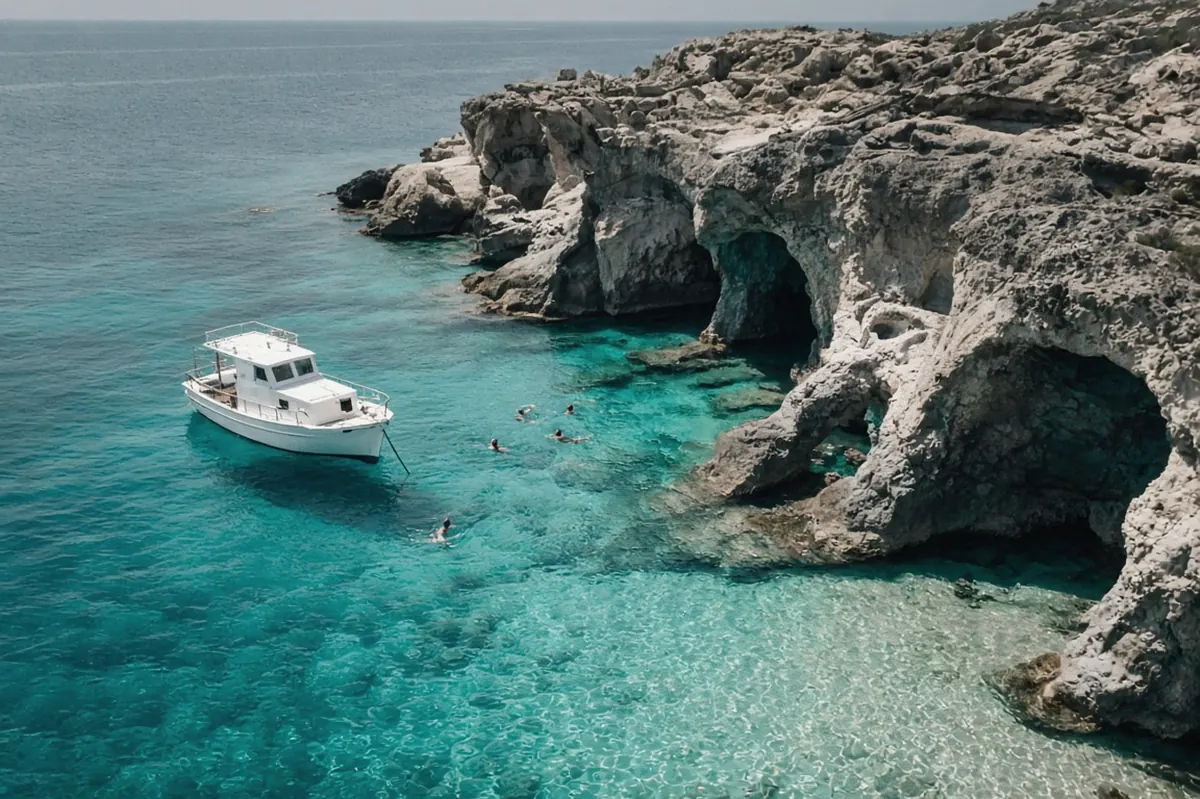 A small white tour boat anchored in clear turquoise water beside pale volcanic rock cliffs with sea caves, with a few swimmers nearby