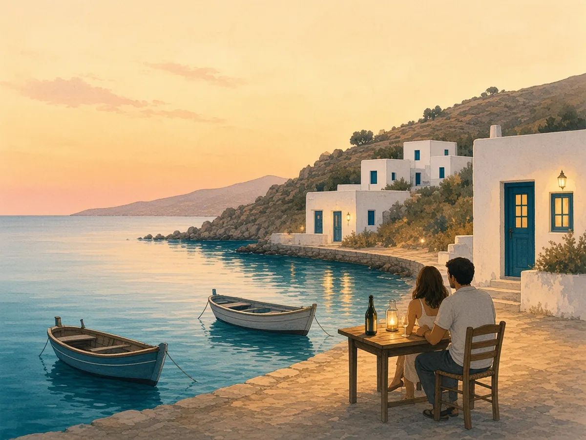 A couple at a waterside taverna table in a small harbour at dusk, with a lantern, moored wooden boats and whitewashed houses