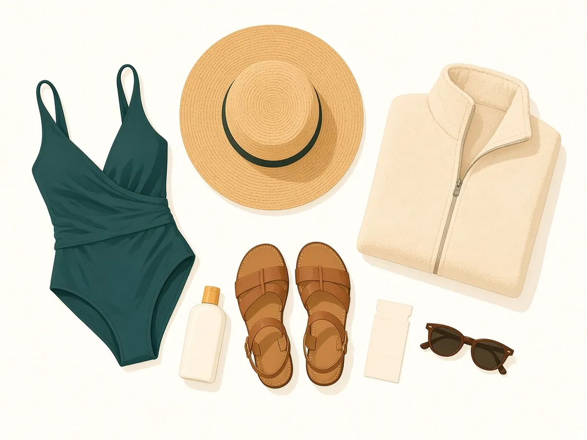 A packing flat-lay for a September island trip: a teal swimsuit, straw sun hat, light fleece, leather walking sandals, sunscreen, sunglasses and a blank ferry ticket