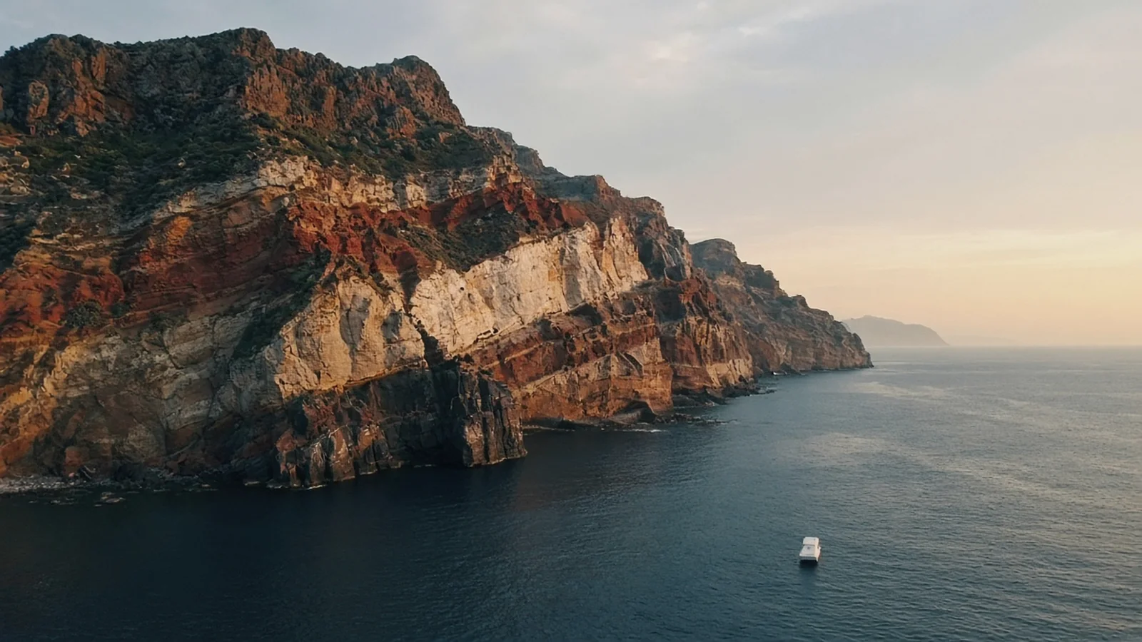 Tall layered sea cliffs of rust-red, cream and dark grey volcanic rock dropping into a deep blue sea at golden hour, with a small white boat far below