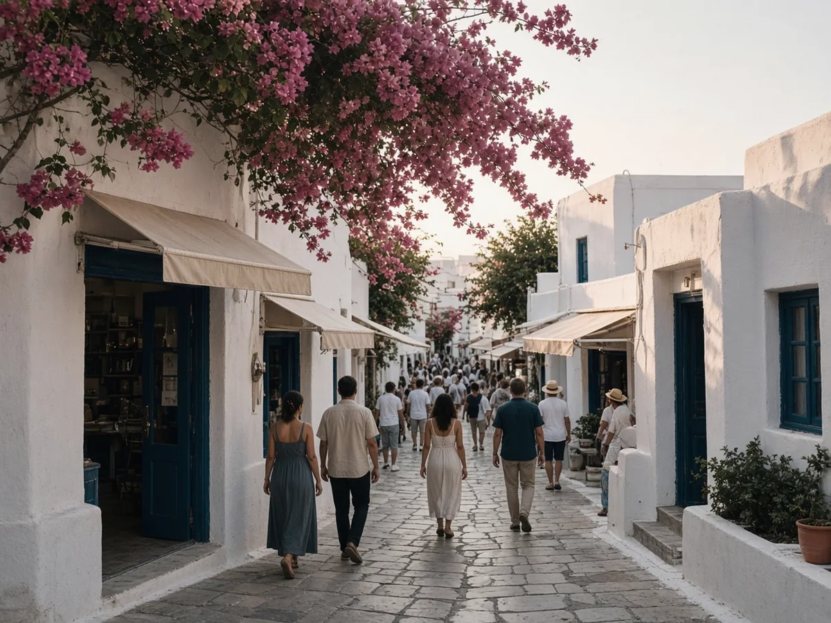 A whitewashed lane busy with people strolling in the early evening, under pink bougainvillea, with canvas awnings and blue doors on either side