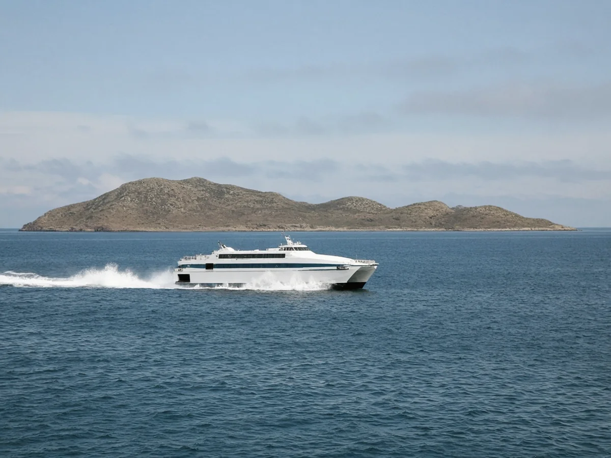 A white high-speed catamaran ferry throwing up spray as it crosses open blue sea, with a low, dry island on the horizon