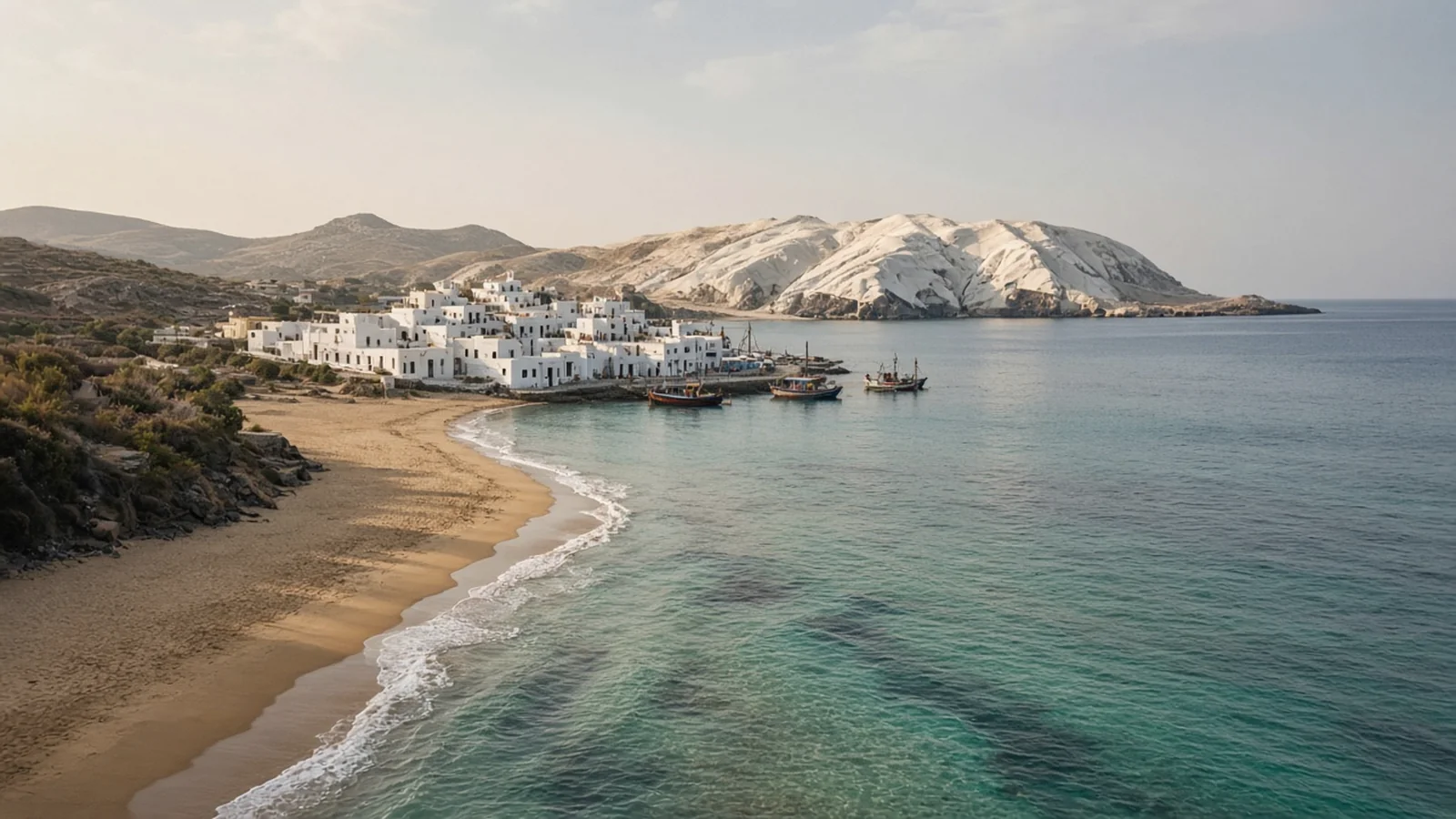 Naxos vs Paros vs Milos: Which Cyclades Island Fits Your Trip? A long curving sandy beach with clear turquoise water leading to a small whitewashed harbour village with fishing boats, and a headland of pale smooth rock beyond, in soft golden light