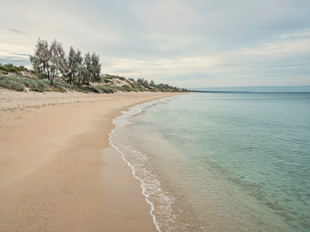 Naxos vs Paros vs Milos: Which Cyclades Island Fits Your Trip? A long, empty sandy beach curving into the distance, with very shallow clear water and low dunes with scrub and trees behind