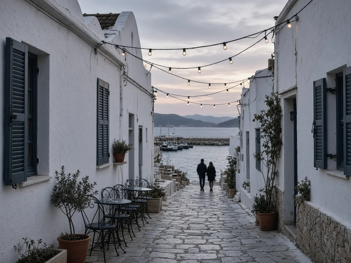 Naxos vs Paros vs Milos: Which Cyclades Island Fits Your Trip? A narrow whitewashed lane at dusk with dark teal shutters, café tables, potted plants and strings of warm lights, leading down to a small harbour where a couple is walking