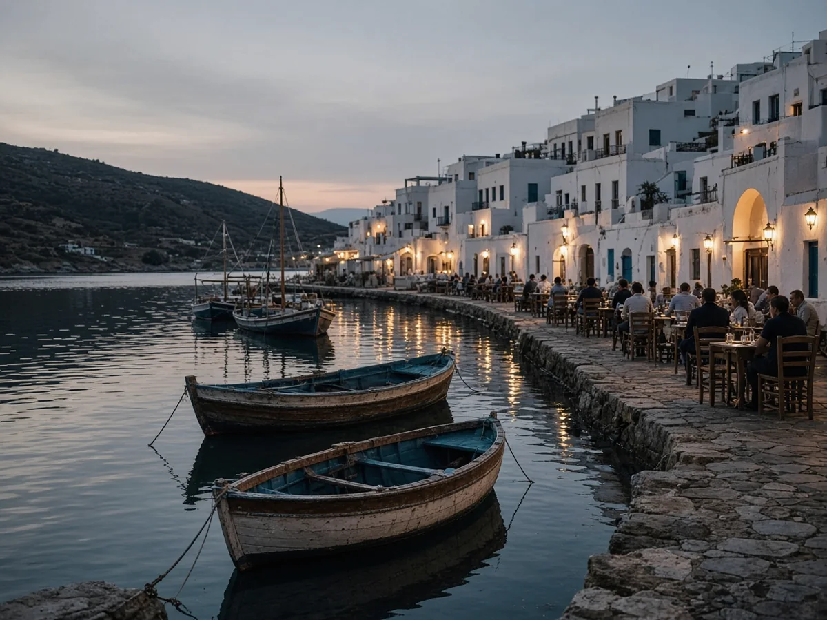 Naxos vs Paros vs Milos: Which Cyclades Island Fits Your Trip? Wooden fishing boats moored along a stone quay at dusk, with people dining at waterside tables in front of lamp-lit whitewashed buildings