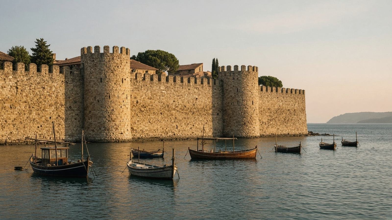 Rhodes Travel Guide Massive honey-coloured medieval stone walls with crenellations and round towers rising from a calm harbour at golden hour, with small wooden fishing boats moored in front