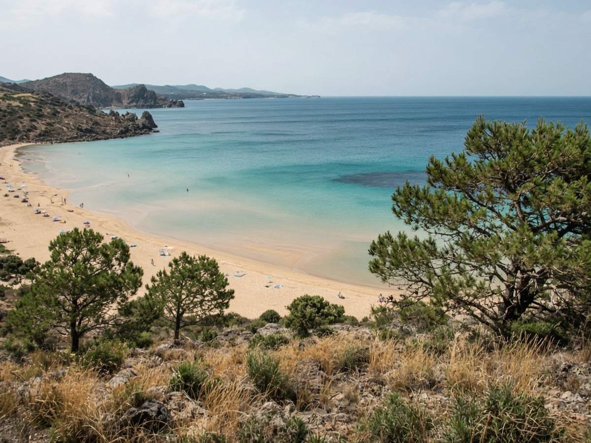 Rhodes Travel Guide A wide curving bay of golden sand with pale turquoise shallows, seen from a scrubby pine-dotted hillside, with a few umbrellas and swimmers along the shore
