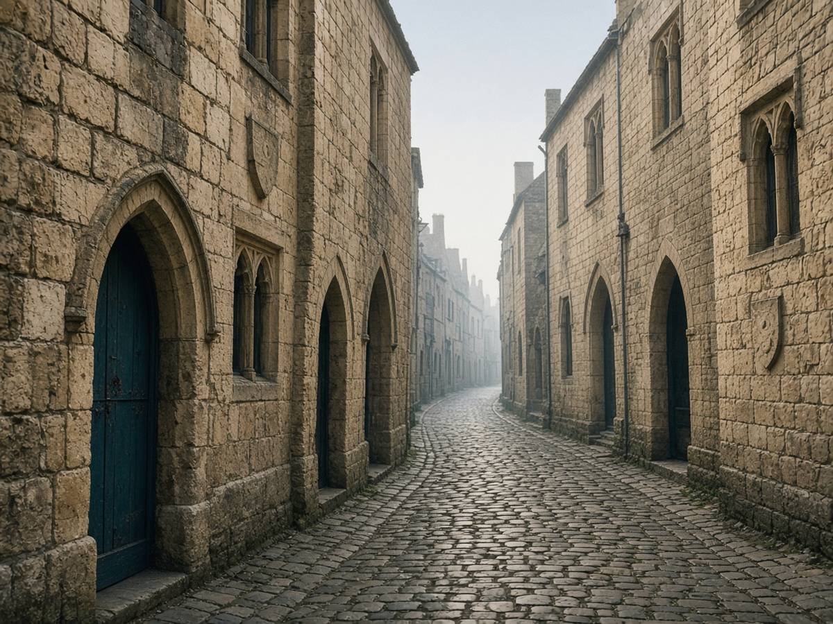 Rhodes Travel Guide An empty cobbled medieval street in soft early-morning light, between tall honey-coloured stone buildings with pointed arched doorways, small Gothic windows and plain stone shields on the walls