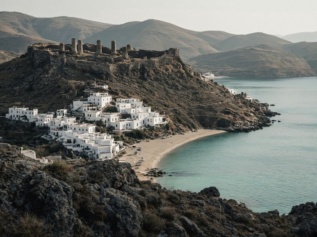 Rhodes Travel Guide A rocky hill crowned with ruined stone walls and weathered column stumps above a village of whitewashed cube houses and a curved sandy bay with calm turquoise water