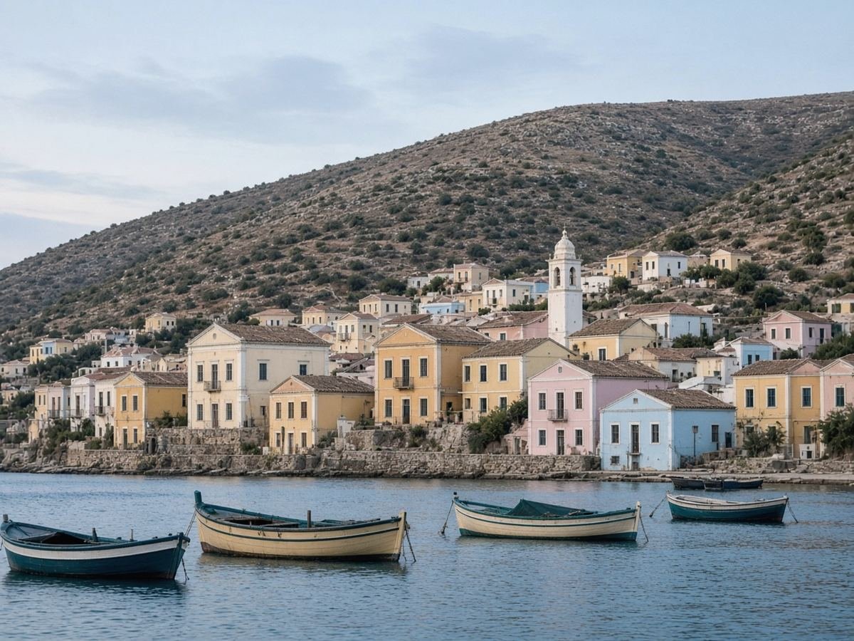 Rhodes Travel Guide Pastel neoclassical houses with tiled roofs and a slim white bell tower climbing a bare hillside above a small harbour, with wooden fishing boats on calm blue water