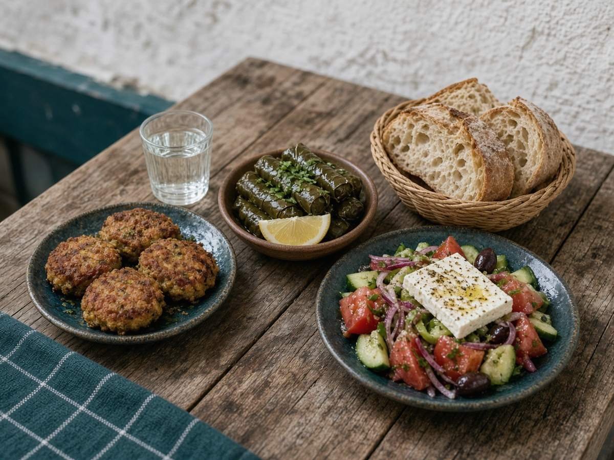 Rhodes Travel Guide Meze on a weathered wooden taverna table: golden fritters, stuffed vine leaves with lemon, a tomato and cucumber salad topped with feta, a bread basket and a small glass of clear spirit