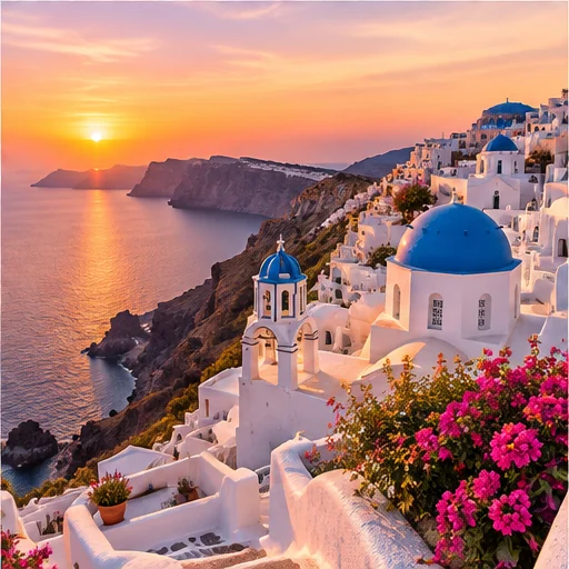 Greek Islands Without a Car: The Best Islands & How to Get Around Illustrated blue-domed houses above a sunset caldera