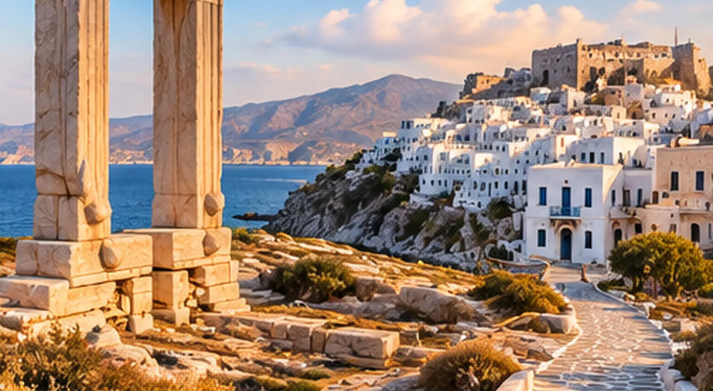 Coastal scenery, traditional buildings and blue Aegean water