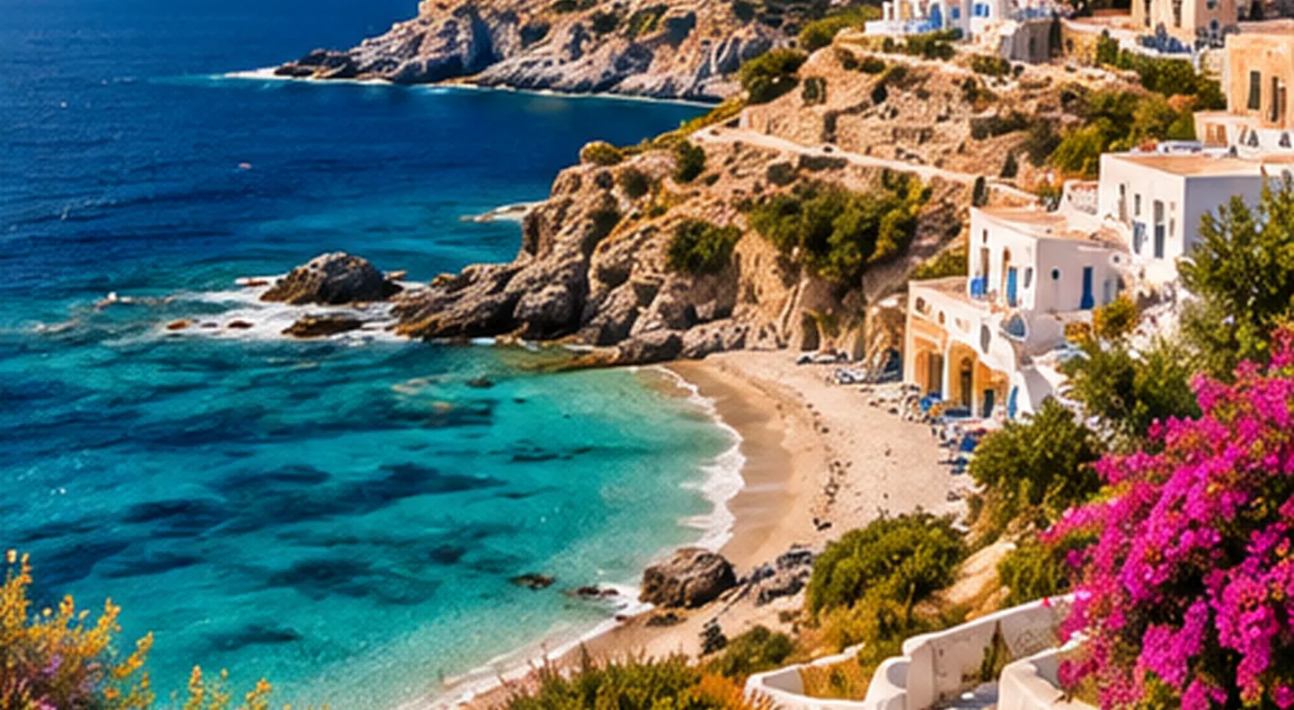 Scenic illustration of Greek island architecture and the Aegean coastline
