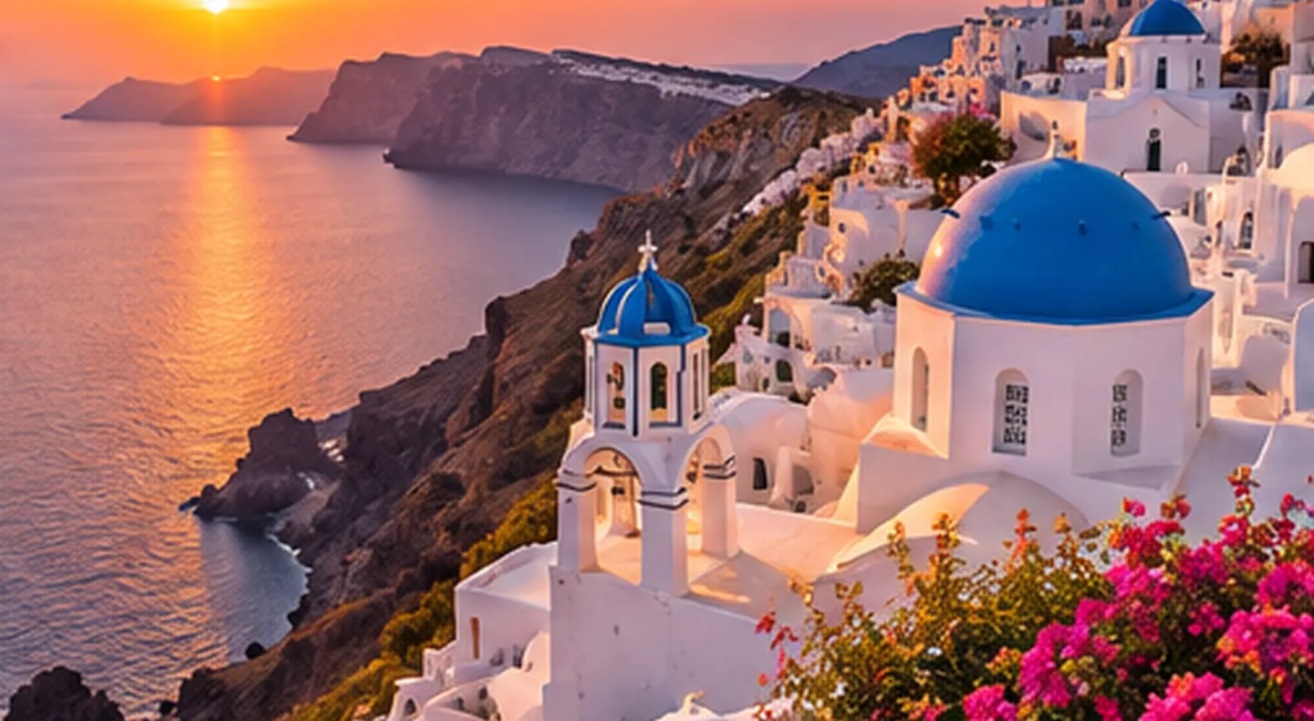 Scenic illustration of Greek island architecture and the Aegean coastline