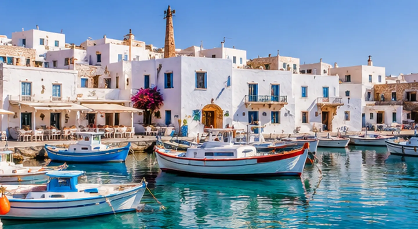 Coastal scenery, traditional buildings and blue Aegean water