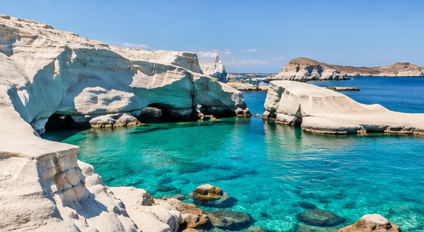 Coastal scenery, traditional buildings and blue Aegean water