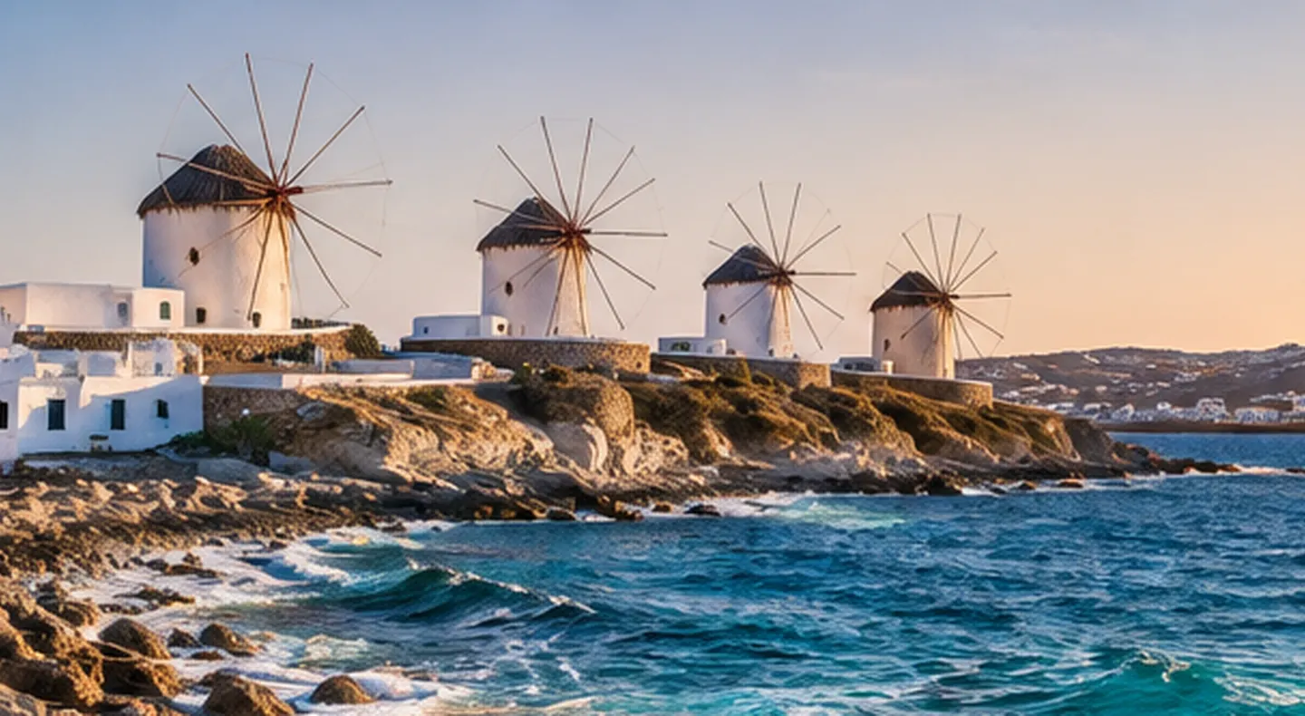 Coastal scenery, traditional buildings and blue Aegean water