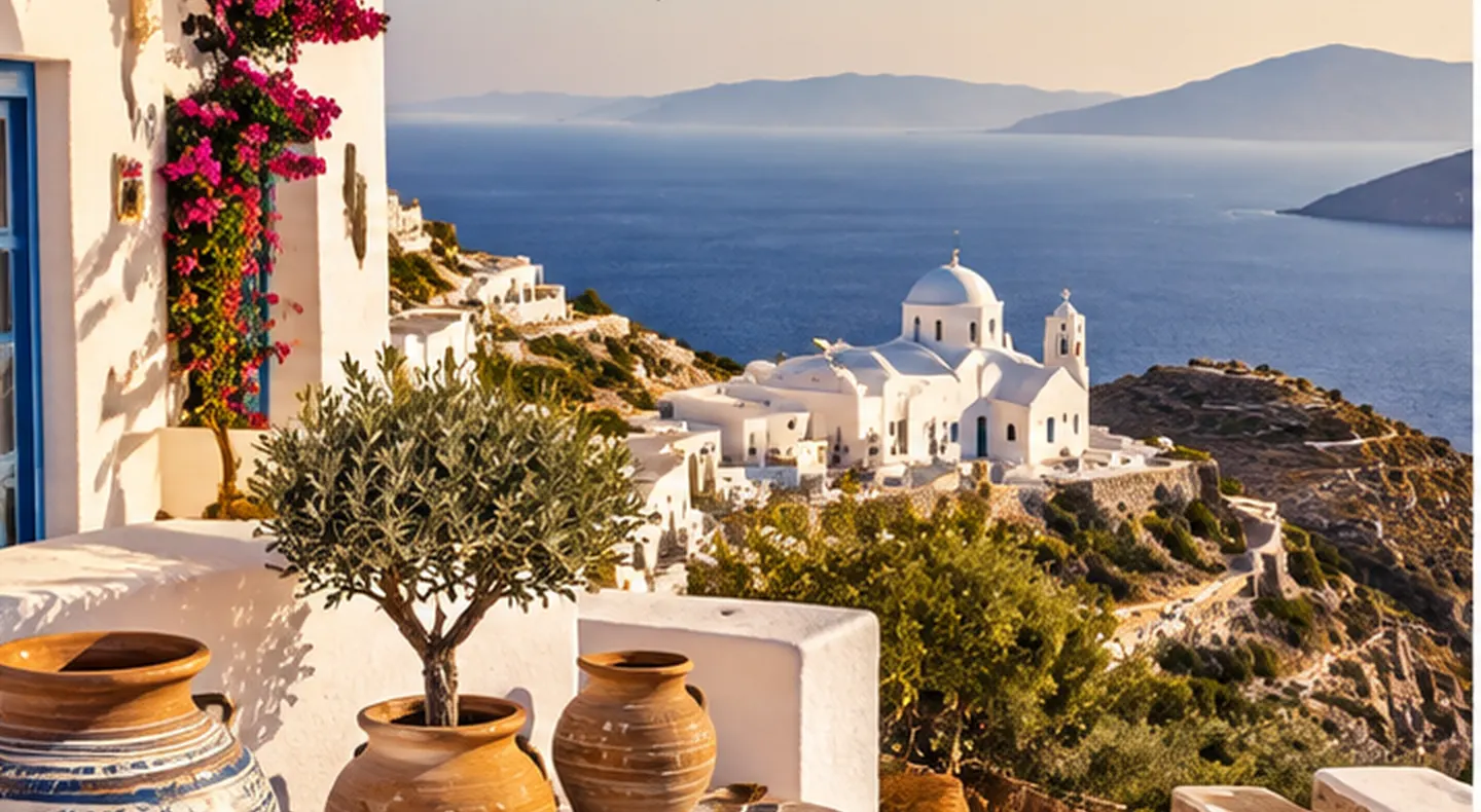 Coastal scenery, traditional buildings and blue Aegean water