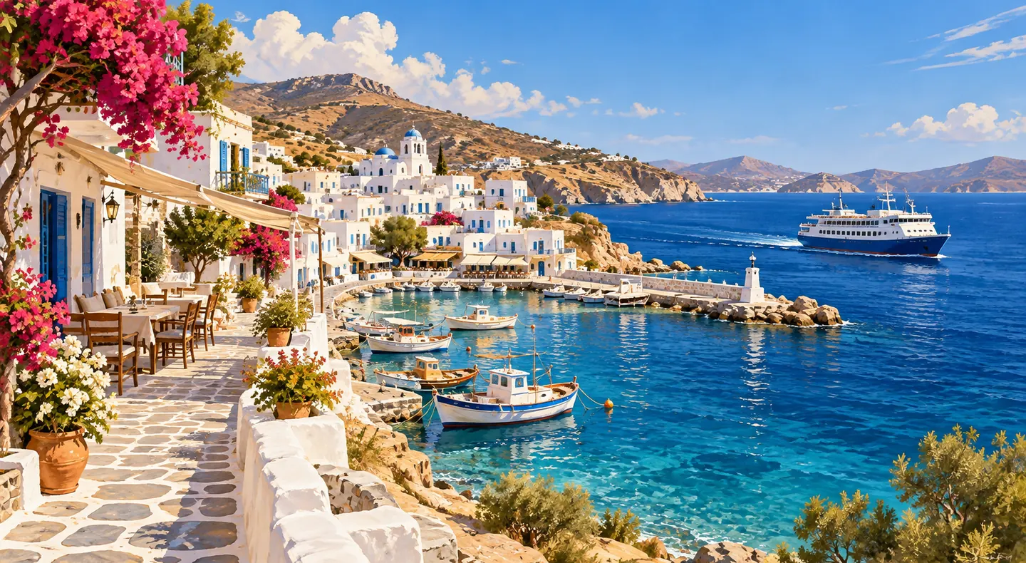 Scenic illustration of Greek island architecture and the Aegean coastline