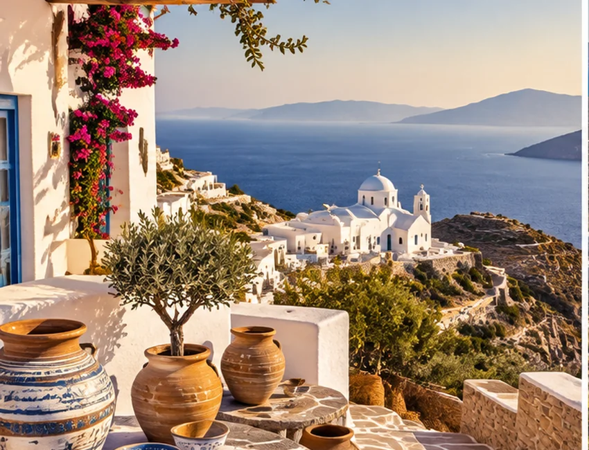 Greek Island Hopping From Athens Greek island terrace with traditional pottery overlooking the sea