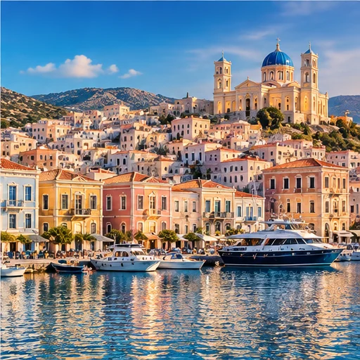 Greek Islands Without a Car: The Best Islands & How to Get Around Illustrated Greek island waterfront town with neoclassical buildings
